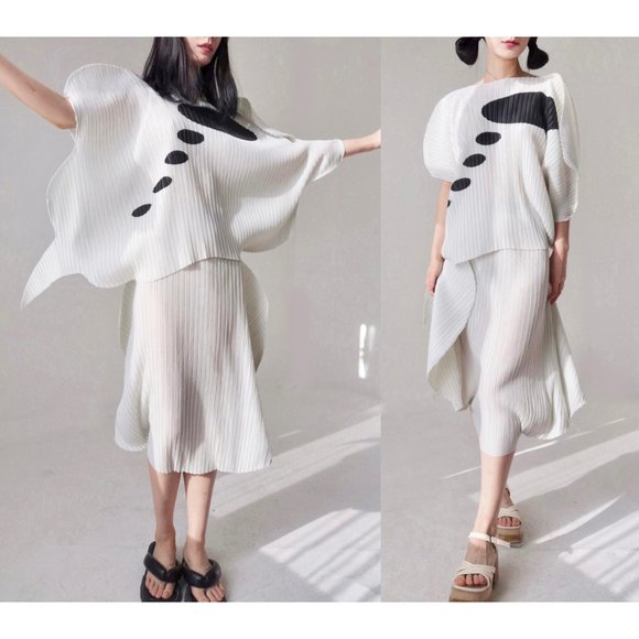 Issey Miyake Pleats please beige dress set top skirt 2 piece - Picture 10 of 10